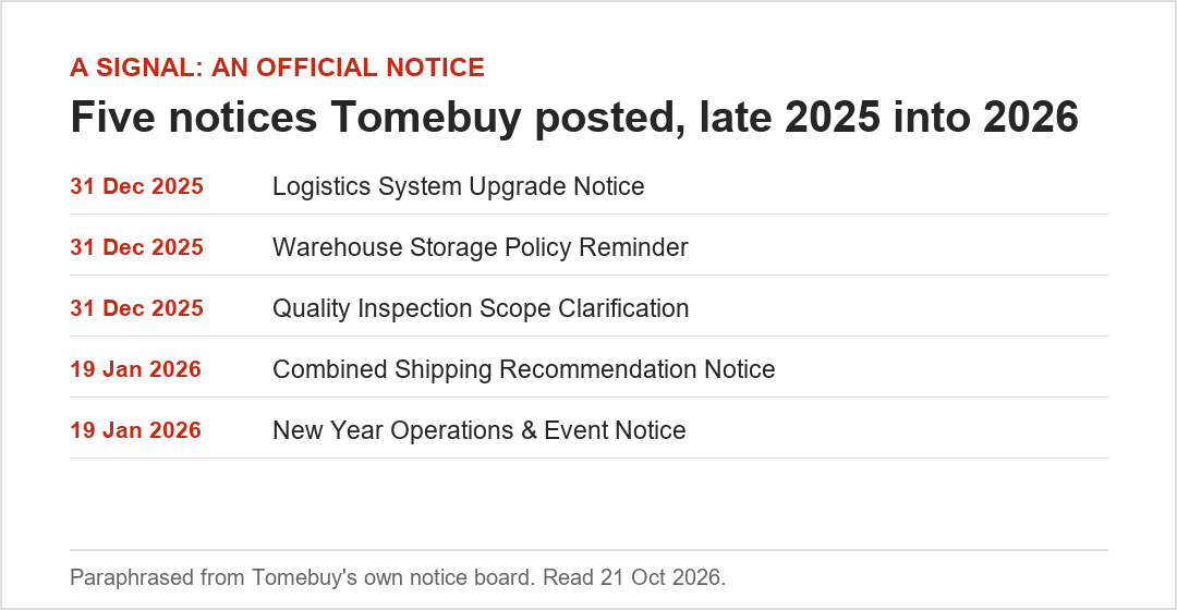 Five Tomebuy notices, dated, from the turn of 2025 into 2026
