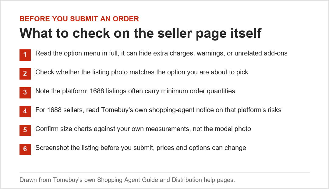 Six checks to run on a seller's listing page before submitting an order